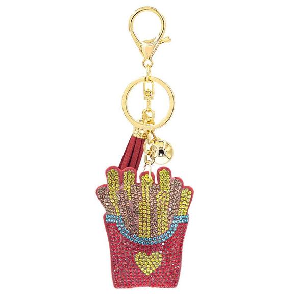 Bling French Fries Bag Charm Key Ring Keychain with Tassel - Picture 1 of 1